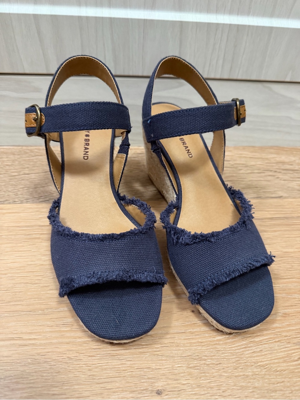 Lucky Brand Navy Frayed Canvas Wedge Sandals